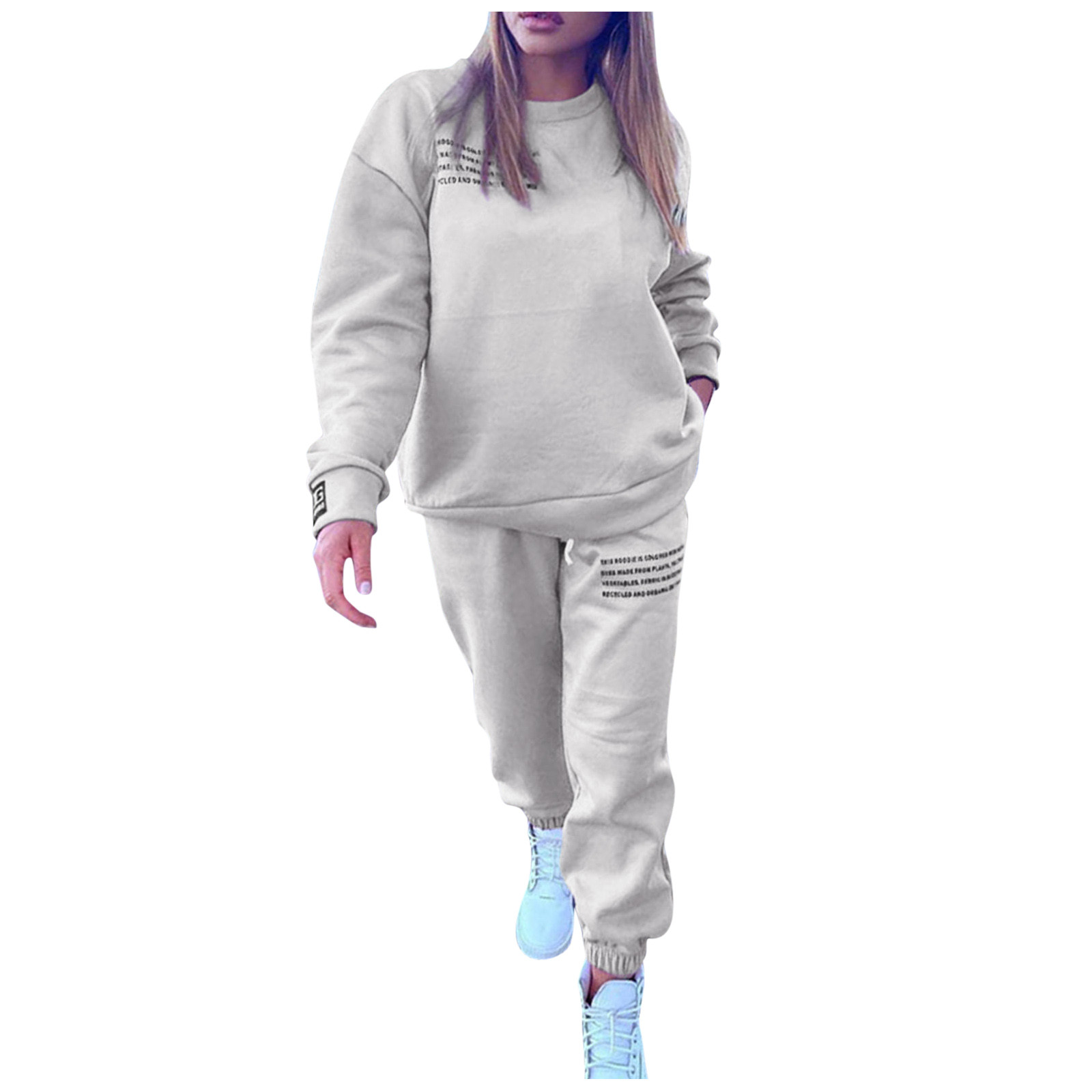 thumbnail image 1 of Conjunto de chándal de mujer con estampado de letras de 2 piezas: camiseta de manga larga con cuello redondo y pantalones holgados, informal/deportivo, otoño/invierno (S-XL), 1 of 2